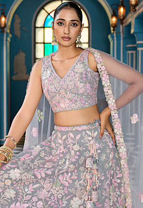 Embroidered Net Lehenga in Grey