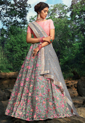 Embroidered Net Lehenga in Grey