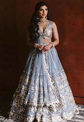 Embroidered Net Lehenga in Grey