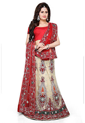 Embroidered Net Lehenga in Light Beige and Red