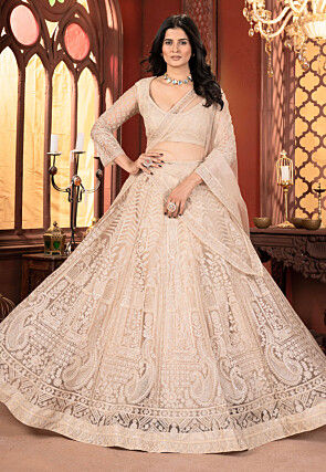 Embroidered Net Lehenga in Light Beige