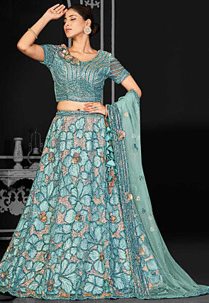 Embroidered Net Lehenga in Sky Blue | Party wear lehenga, Lehenga, Designer  lehenga choli