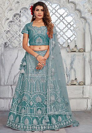 Embroidered Net Lehenga in Light Blue