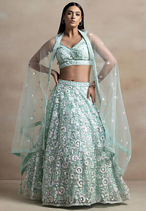 Embroidered Net Lehenga in Light Blue