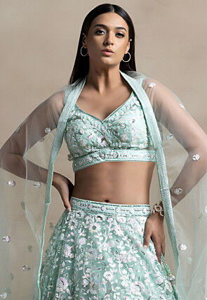 Embroidered Net Lehenga in Light Blue