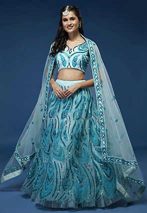 Embroidered Net Lehenga in Light Blue