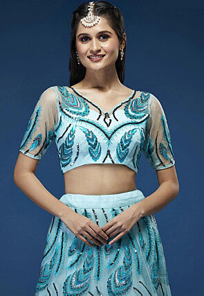 Embroidered Net Lehenga in Light Blue
