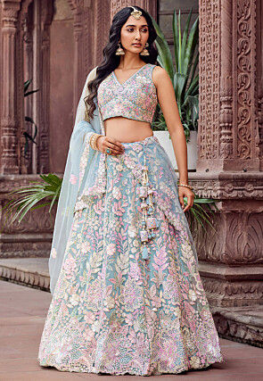 Embroidered Net Lehenga in Light Blue