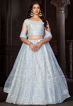 Embroidered Net Lehenga in Light Blue