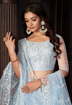 Embroidered Net Lehenga in Light Blue