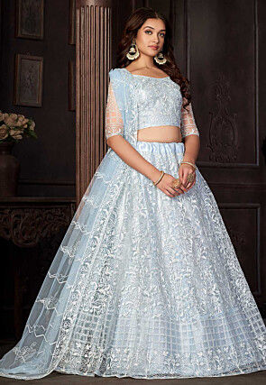 Embroidered Net Lehenga in Light Blue