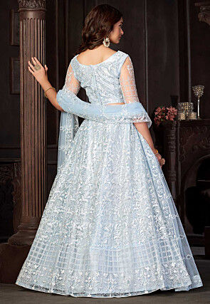 Embroidered Net Lehenga in Light Blue