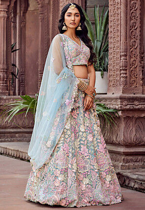 Embroidered Net Lehenga in Light Blue