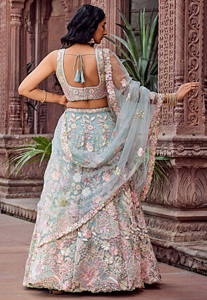 Embroidered Net Lehenga in Light Blue