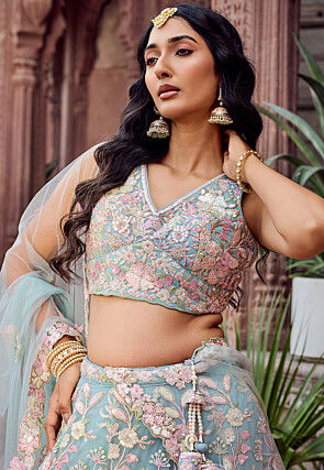 Embroidered Net Lehenga in Light Blue