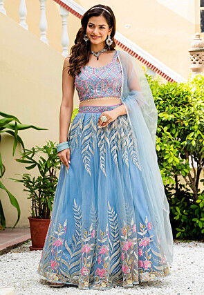 Embroidered Net Lehenga in Light Blue