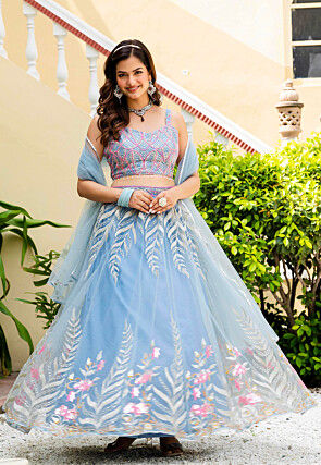 Embroidered Net Lehenga in Light Blue