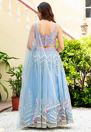 Embroidered Net Lehenga in Light Blue