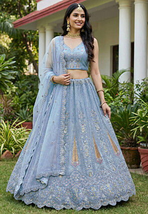 Embroidered Net Lehenga in Light Blue