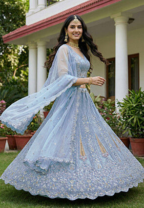 Embroidered Net Lehenga in Light Blue