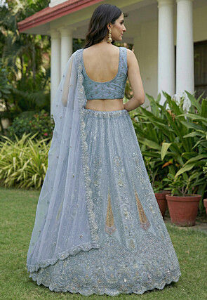 Embroidered Net Lehenga in Light Blue