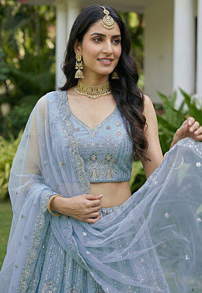 Embroidered Net Lehenga in Light Blue