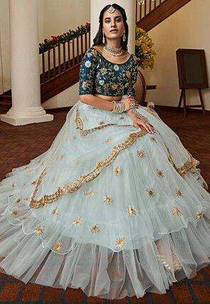 Light Blue Silk Lehenga Adorned with Floral Prints and Embroidery, paired  with Dupatta