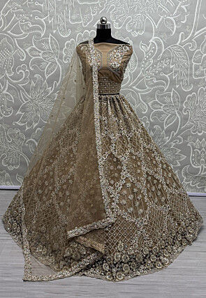Hand Embroidered Net Lehenga in Light Brown
