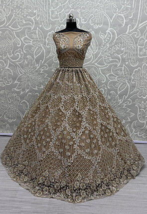Hand Embroidered Net Lehenga in Light Brown