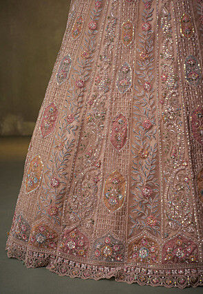 Embroidered Net Lehenga in Light Fawn