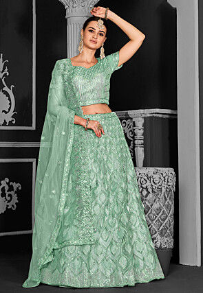 Embroidered Net Lehenga in Light Green