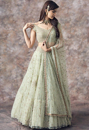 Embroidered Net Lehenga in Light Green