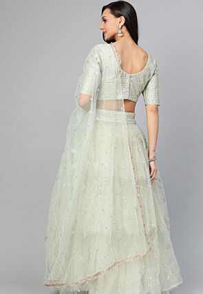 Embroidered Net Lehenga in Light Green