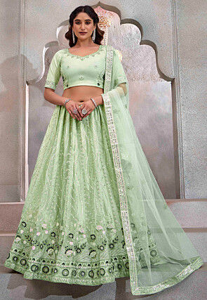 Embroidered Net Lehenga in Light Green