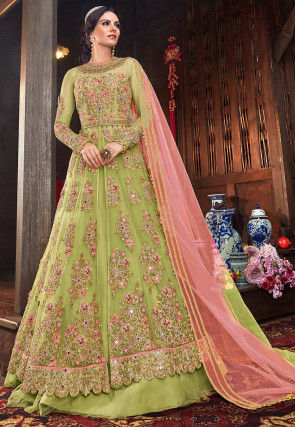 Mesmerizing Baby pink And Sea green Soft Net Base Embroidered Lehenga Choli  - DRESSTIVE - 3820664