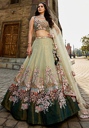 Embroidered Net Lehenga in Light Green