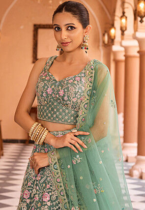 Embroidered Net Lehenga in Light Green