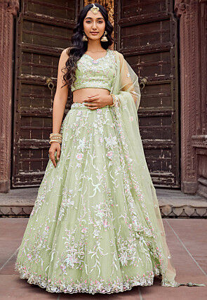 Embroidered Net Lehenga in Light Green