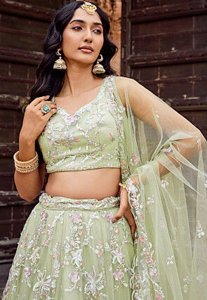 Embroidered Net Lehenga in Light Green