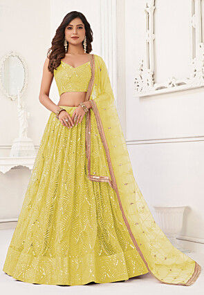 Embroidered Net Lehenga in Light Green