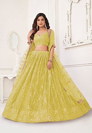 Embroidered Net Lehenga in Light Green