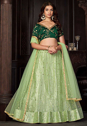 Embroidered Net Lehenga in Light Green