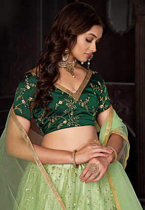Embroidered Net Lehenga in Light Green