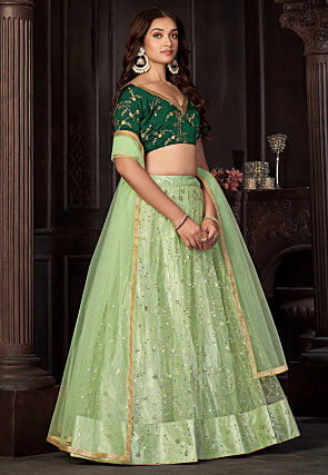 Embroidered Net Lehenga in Light Green