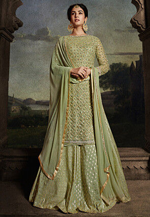 Embroidered Net Lehenga in Light Green
