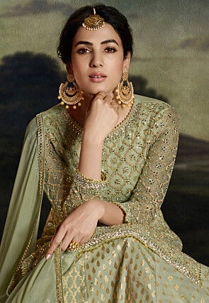 Embroidered Net Lehenga in Light Green