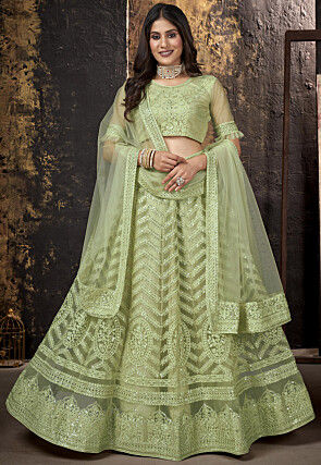 Embroidered Net Lehenga in Light Green