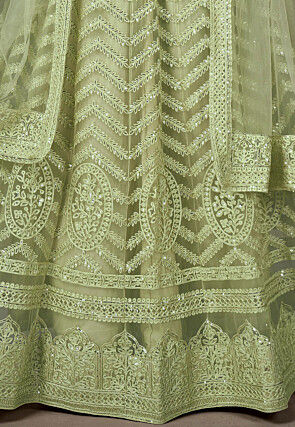 Embroidered Net Lehenga in Light Green