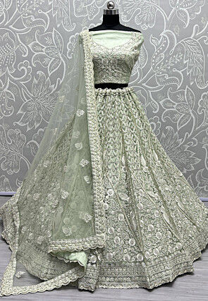 Embroidered Net Lehenga in Light Green