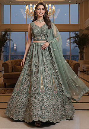 Embroidered Net Lehenga in Light Green